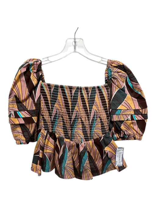 Autumn Adeigbo Size 0 Brown, Pink, Orange Cotton Puff Half Sleeve Peplum Top Brown, Pink, Orange / 0