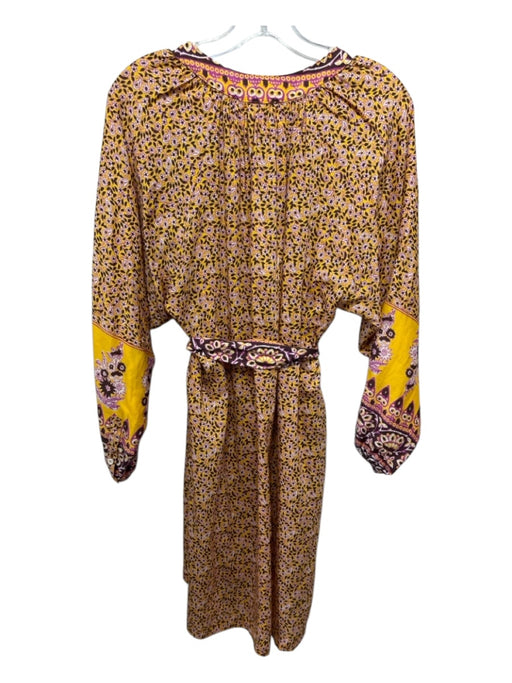 XiRENA Size XS Yellow, Pink, Brown Cotton & Silk V Neck Floral Long Sleeve Dress Yellow, Pink, Brown / XS