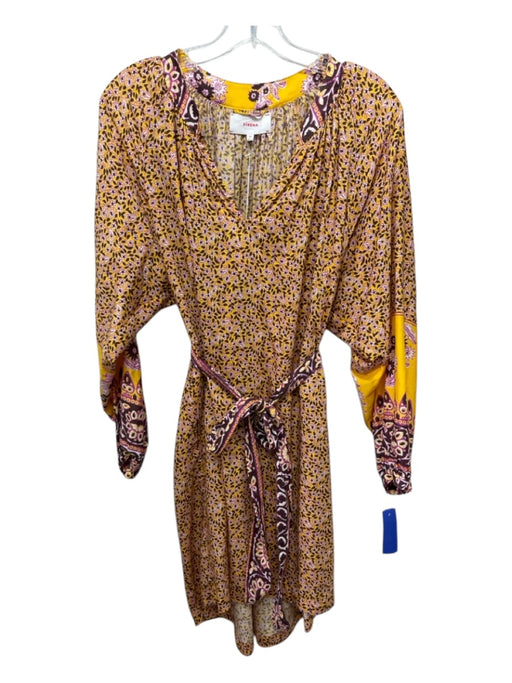 XiRENA Size XS Yellow, Pink, Brown Cotton & Silk V Neck Floral Long Sleeve Dress Yellow, Pink, Brown / XS