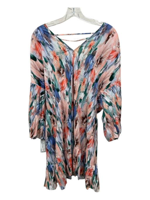 Misa Size L Pink, Green, Blue Cotton V Neck Abstract 3/4 Puff Sleeve Dress Pink, Green, Blue / L