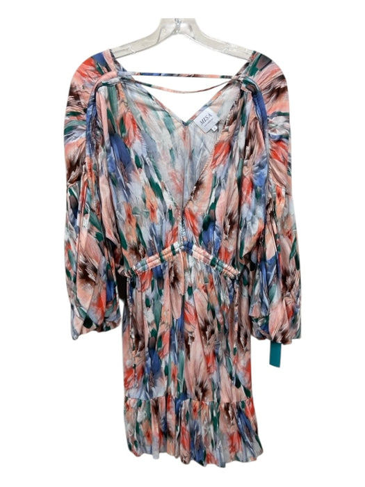 Misa Size L Pink, Green, Blue Cotton V Neck Abstract 3/4 Puff Sleeve Dress Pink, Green, Blue / L