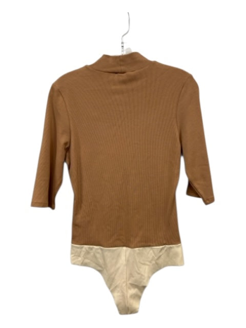 S'edge Size S Camel Brown Cotton Blend Ribbed Mock Neck 3/4 Sleeve Bodysuit Top Camel Brown / S