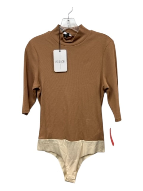 S'edge Size S Camel Brown Cotton Blend Ribbed Mock Neck 3/4 Sleeve Bodysuit Top Camel Brown / S