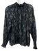 Rebecca Taylor Size 8 Black & Silver Silk Blend Abstract Floral Smocked Neck Top Black & Silver / 8