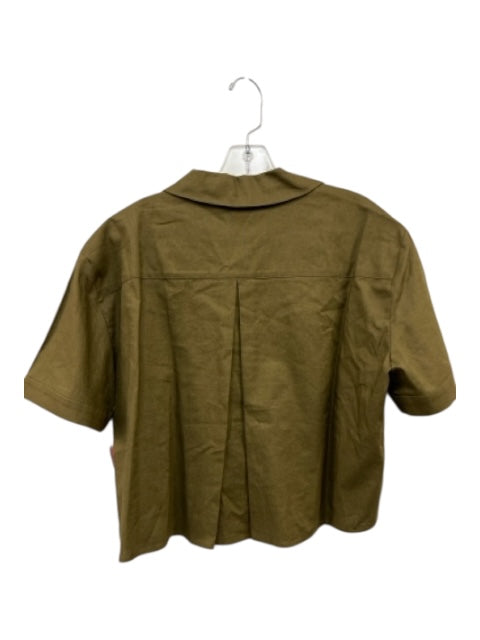 Crosby Size S Olive Green Linen Blend Button Down Pockets Short Sleeve Top Olive Green / S