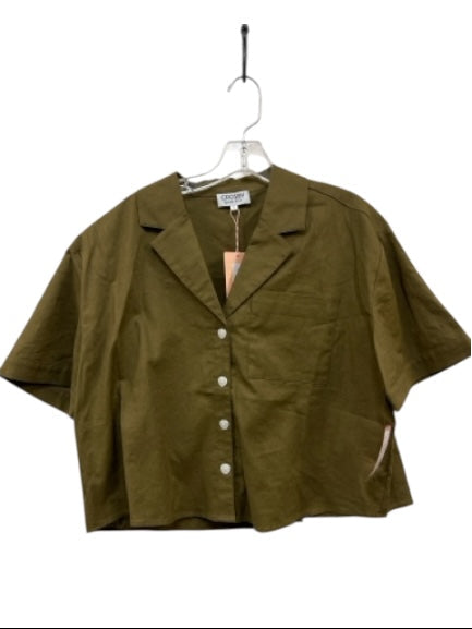 Crosby Size S Olive Green Linen Blend Button Down Pockets Short Sleeve Top Olive Green / S