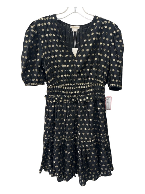 Shoshanna Size 2 Black & Gold Viscose Polka Dots Application Puff Shoulder Dress Black & Gold / 2