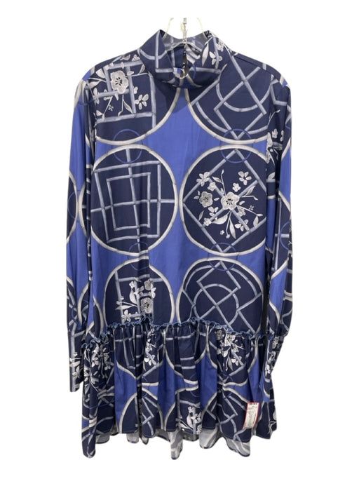 KLEID Size S Periwinkle BLue Print Floral Mock Collar Drop Waist Hem Dress Periwinkle BLue Print / S