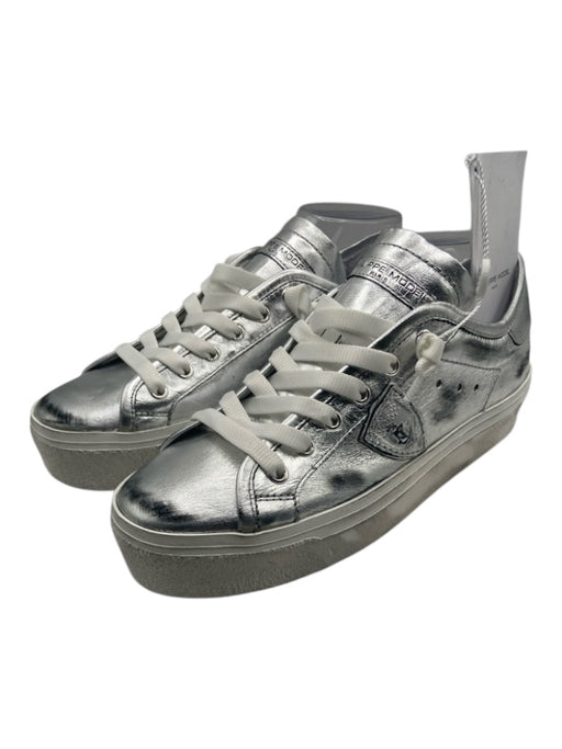 Philippe Model Shoe Size 40 Silver & White Leather Laces Distressed Sneakers Silver & White / 40