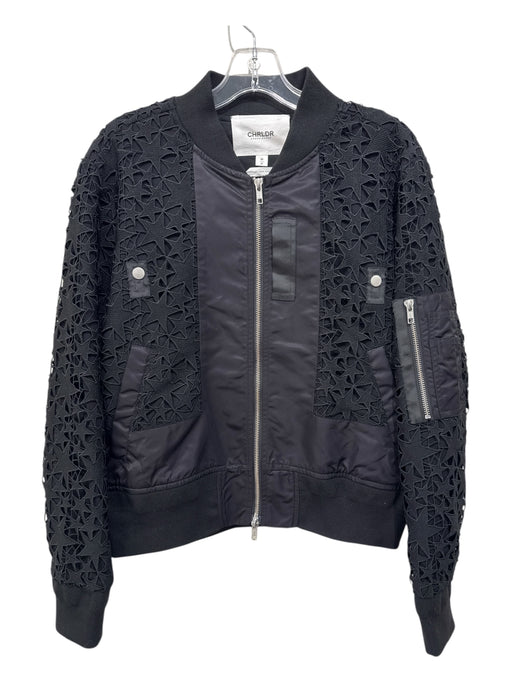 CHRLDR Size M Black Nylon Zip Front Star Crochet Long Sleeve Bomber Jacket Black / M