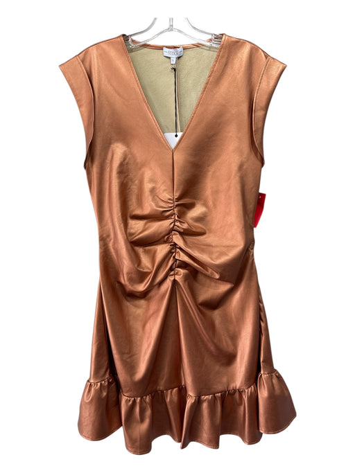 S'edge Size L Copper Faux Leather V Neck Rolled Cap Sleeve Ruched Front Dress Copper / L