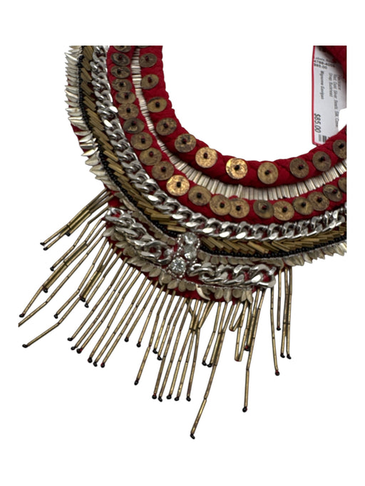 Mignonne Gavigan Red, Gold, Silver Beads Silk Collar Snap Necklace Red, Gold, Silver