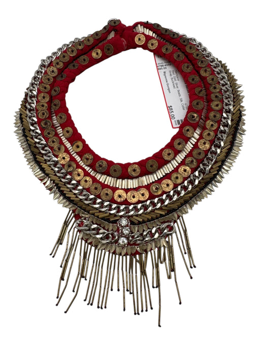 Mignonne Gavigan Red, Gold, Silver Beads Silk Collar Snap Necklace Red, Gold, Silver