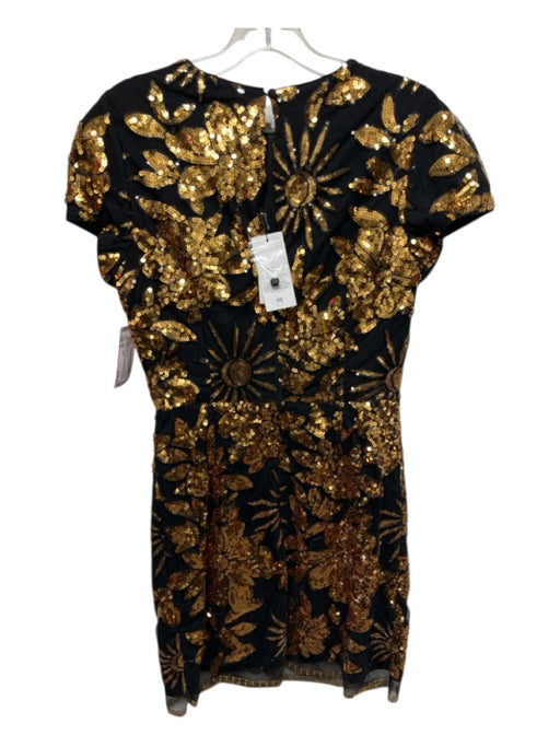 Milly Size 4 Gold & Black Cap Sleeve Floral Sequin Overlay Above Knee Dress Gold & Black / 4