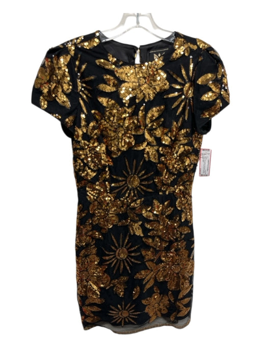 Milly Size 4 Gold & Black Cap Sleeve Floral Sequin Overlay Above Knee Dress Gold & Black / 4