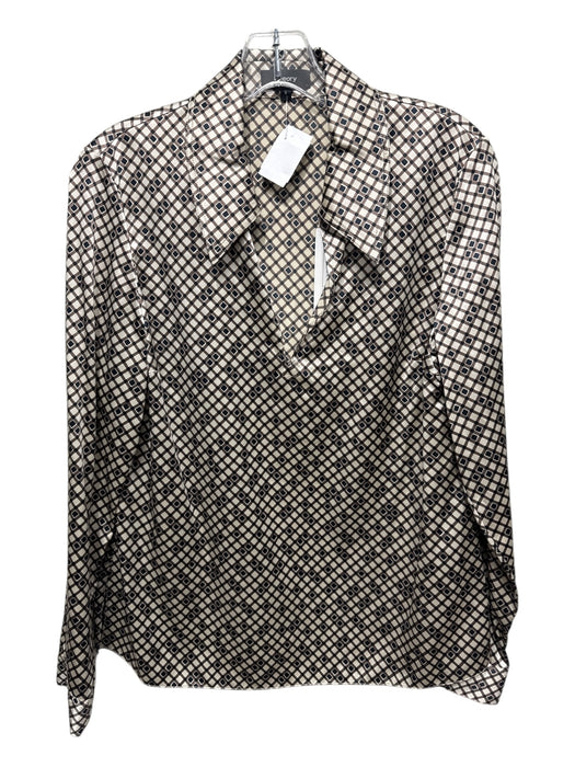 Theory Size Small Cream, Brown & Black Silk Long Sleeve V Neck Geo Pattern Top Cream, Brown & Black / Small