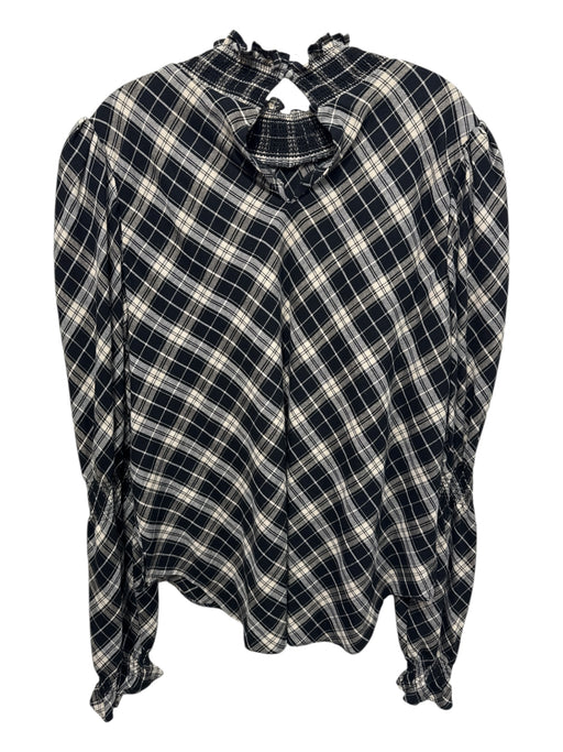 Veronica Beard Size 16 Black, Cream & Gold Cotton Blend Plaid Ruffle Neck Top Black, Cream & Gold / 16