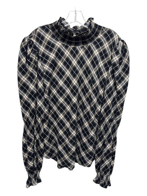 Veronica Beard Size 16 Black, Cream & Gold Cotton Blend Plaid Ruffle Neck Top Black, Cream & Gold / 16