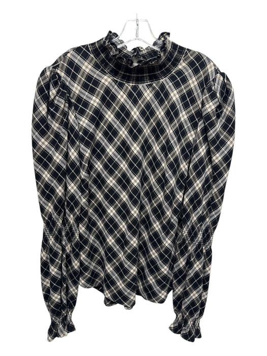 Veronica Beard Size 16 Black, Cream & Gold Cotton Blend Plaid Ruffle Neck Top Black, Cream & Gold / 16