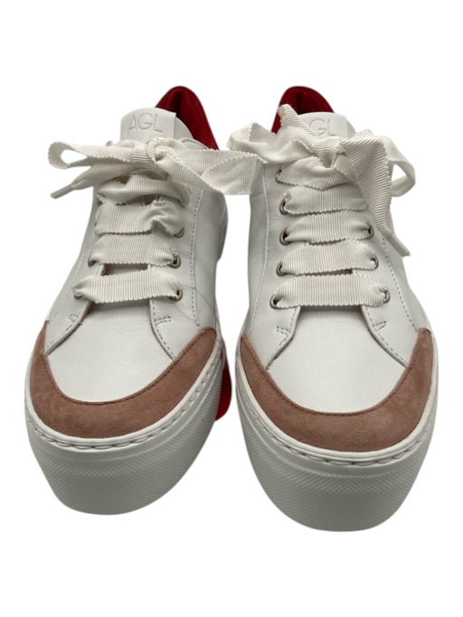 AGL Shoe Size 38.5 White, Pink & Red Leather Suede Trim Round Toe Sneakers White, Pink & Red / 38.5