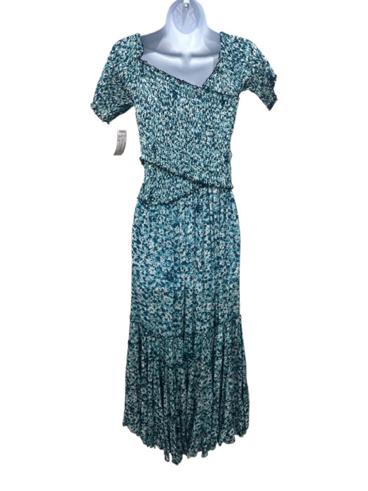 Poupette St. Barth Size XS Blue, Teal, Green Cotton Shirred Abstract Maxi Dress Blue, Teal, Green / XS