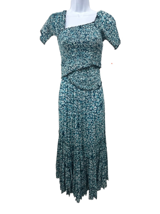 Poupette St. Barth Size XS Blue, Teal, Green Cotton Shirred Abstract Maxi Dress Blue, Teal, Green / XS