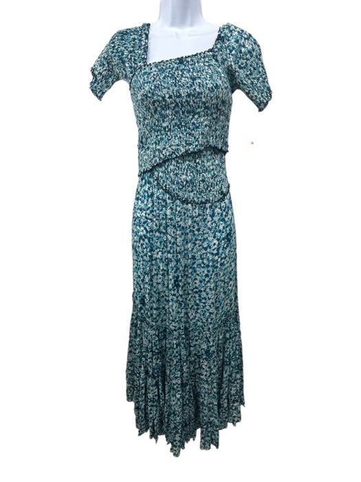 Poupette St. Barth Size XS Blue, Teal, Green Cotton Shirred Abstract Maxi Dress Blue, Teal, Green / XS