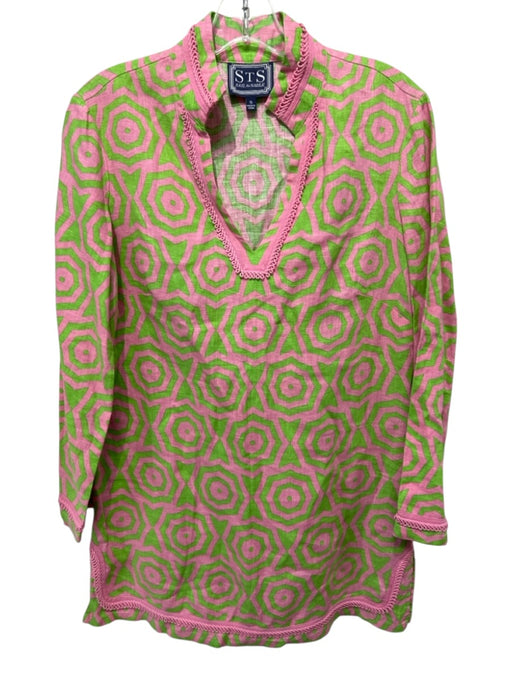Sail To Sable Size S Pink & Green Linen Decorative Trim Geometric Shift Dress Pink & Green / S