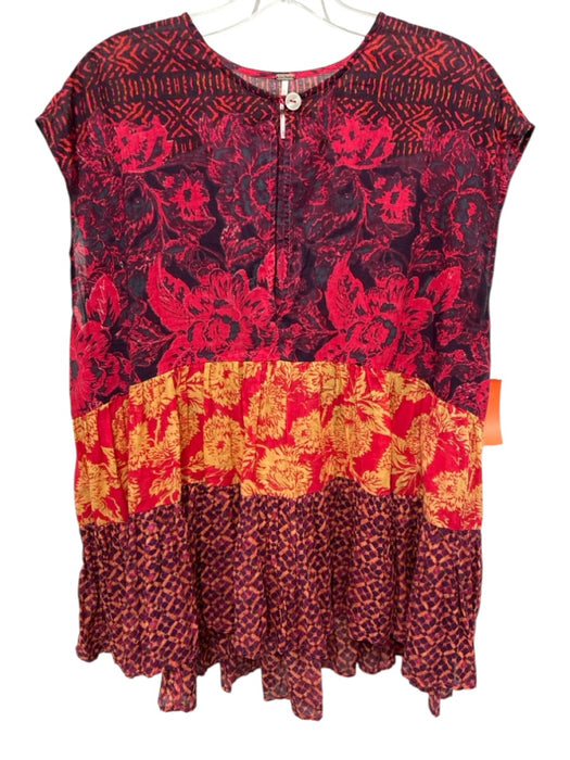 Free People Size XS Red, Orange, Yellow Cotton Semi Sheer Mixed Print Top Red, Orange, Yellow / XS