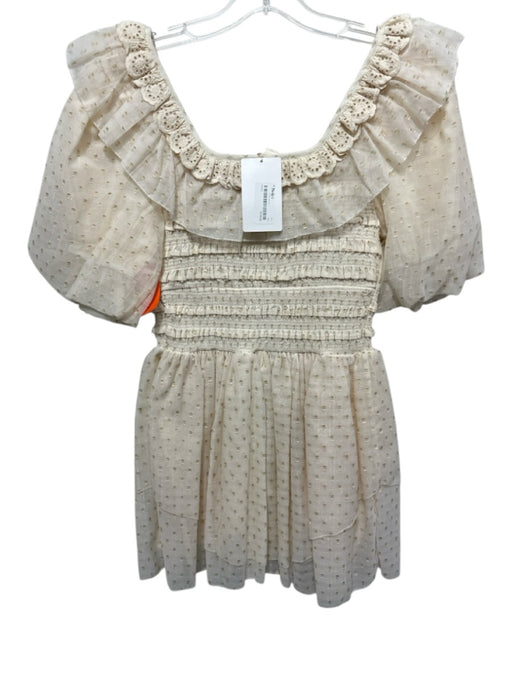 Letmebe Size XS Beige Cream Polyester Shirred Swiss Dot Ruffle Trim Mini Dress Beige Cream / XS