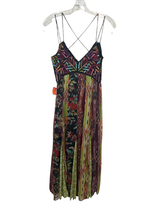 Anthropologie Size 4 Red, Green, Multi Viscose Embroidered Ikat Cross Back Dress Red, Green, Multi / 4