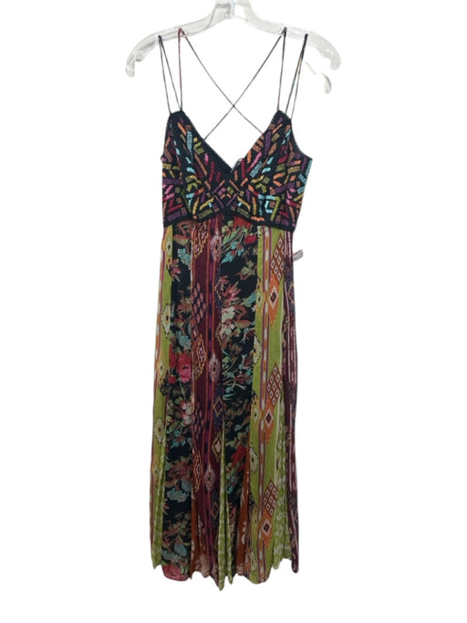 Anthropologie Size 4 Red, Green, Multi Viscose Embroidered Ikat Cross Back Dress Red, Green, Multi / 4
