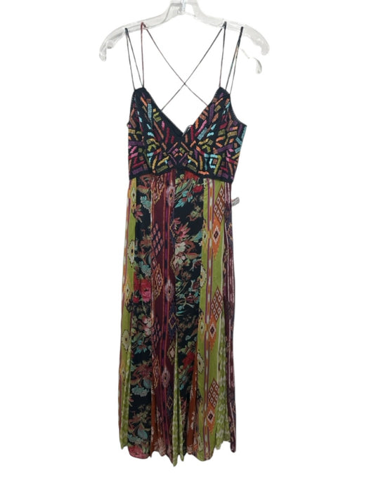 Anthropologie Size 4 Red, Green, Multi Viscose Embroidered Ikat Cross Back Dress Red, Green, Multi / 4