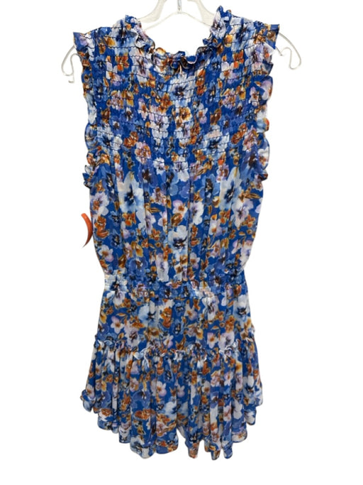 Misa Size L Blue, Orange, White Polyester Shirred Gathered Mini Dress Blue, Orange, White / L
