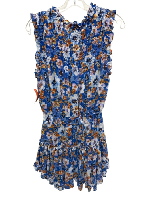 Misa Size L Blue, Orange, White Polyester Shirred Gathered Mini Dress Blue, Orange, White / L