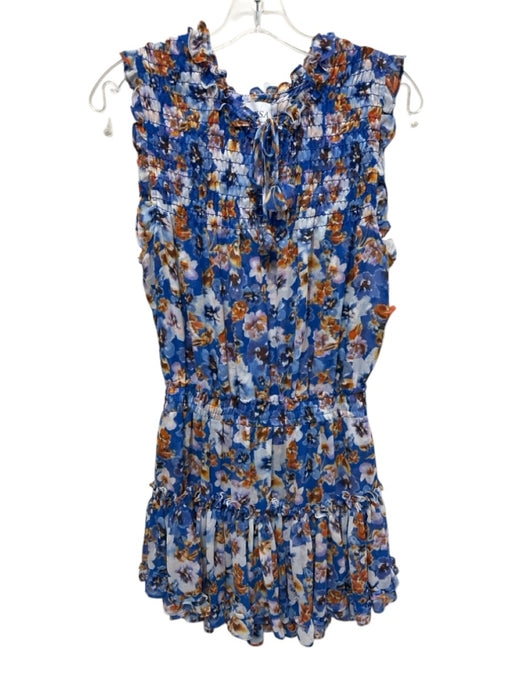 Misa Size L Blue, Orange, White Polyester Shirred Gathered Mini Dress Blue, Orange, White / L