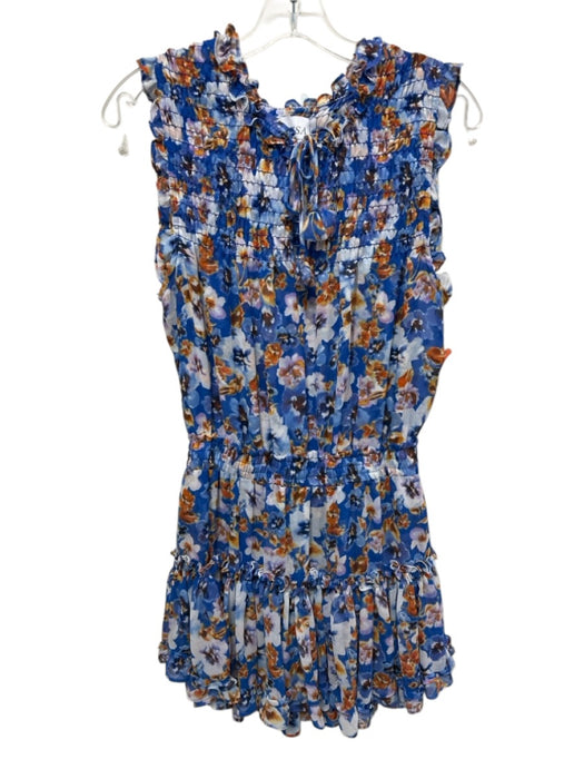 Misa Size L Blue, Orange, White Polyester Shirred Gathered Mini Dress Blue, Orange, White / L