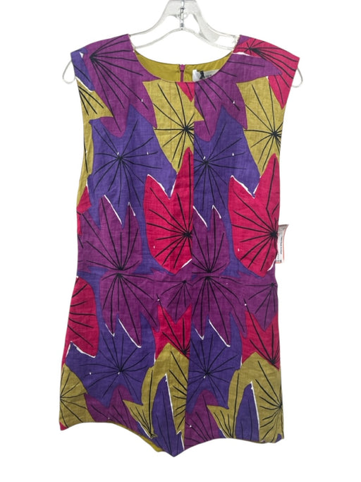 S/W/F Size L Purple, Green, Pink Linen Abstract Floral Asymmetric Hem Dress Purple, Green, Pink / L