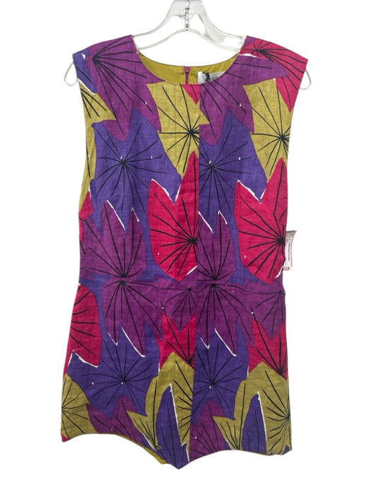 S/W/F Size L Purple, Green, Pink Linen Abstract Floral Asymmetric Hem Dress Purple, Green, Pink / L