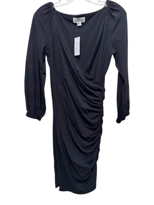 Velvet Size S Black Cotton Blend Side Ruching Long Sleeve Knee length Dress Black / S