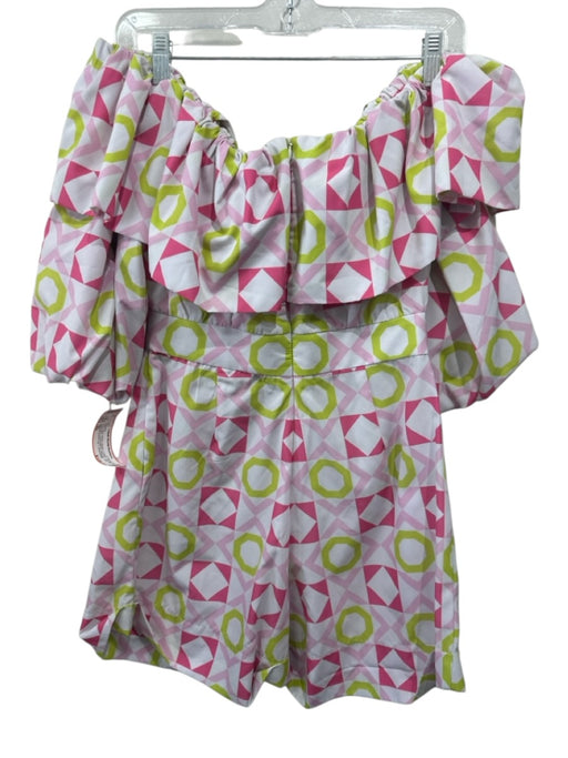 Silka Size XS Pink, White, Green Cotton Ruffle Geometric Off Shoulder Romper Pink, White, Green / XS