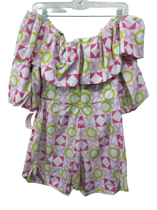 Silka Size XS Pink, White, Green Cotton Ruffle Geometric Off Shoulder Romper Pink, White, Green / XS