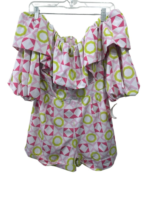 Silka Size XS Pink, White, Green Cotton Ruffle Geometric Off Shoulder Romper Pink, White, Green / XS