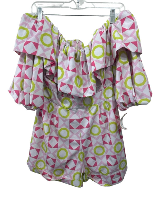 Silka Size XS Pink, White, Green Cotton Ruffle Geometric Off Shoulder Romper Pink, White, Green / XS
