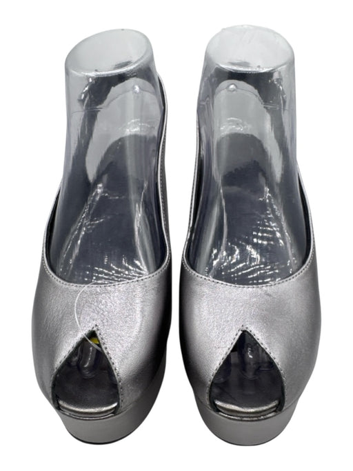 Clergerie Shoe Size 37 Gunmetal Silver Leather Peep Toe Ankle Buckle Wedges Gunmetal Silver / 37
