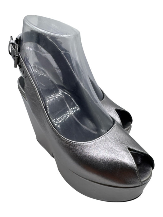 Clergerie Shoe Size 37 Gunmetal Silver Leather Peep Toe Ankle Buckle Wedges Gunmetal Silver / 37