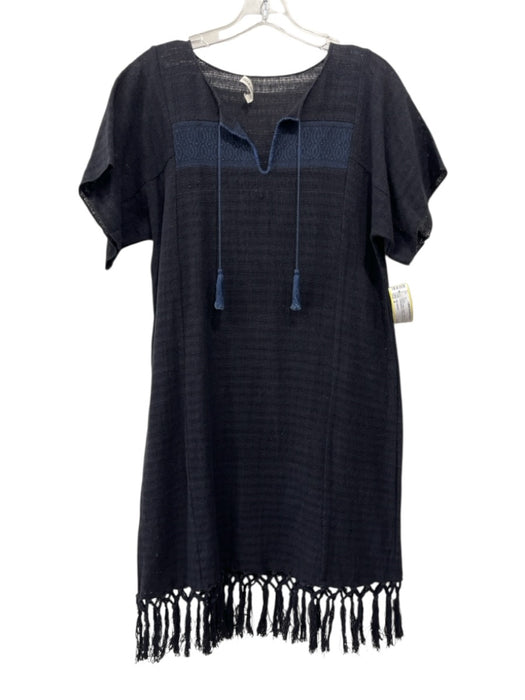 Ulla Johnson Size 4 Black & Blue Cotton Short Sleeve Knit Embroidered Dress Black & Blue / 4