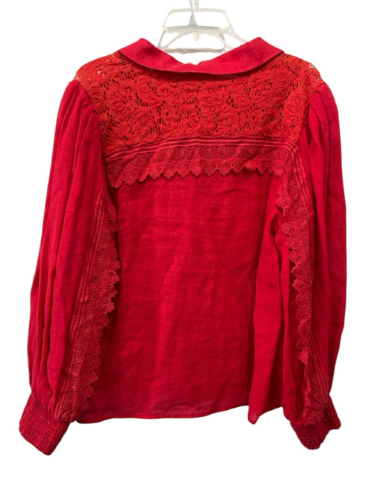 Alice + Olivia Size L Red Linen Long puff sleeve Crochet Lace Blouse Top Red / L