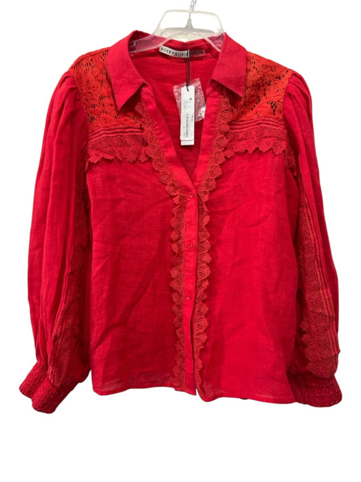 Alice + Olivia Size L Red Linen Long puff sleeve Crochet Lace Blouse Top Red / L