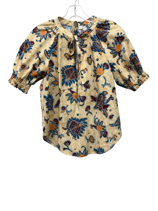 A.L.C. Size 0 Yellow, Blue, Orange Cotton Short Puff Sleeve Abstract Print Top Yellow, Blue, Orange / 0